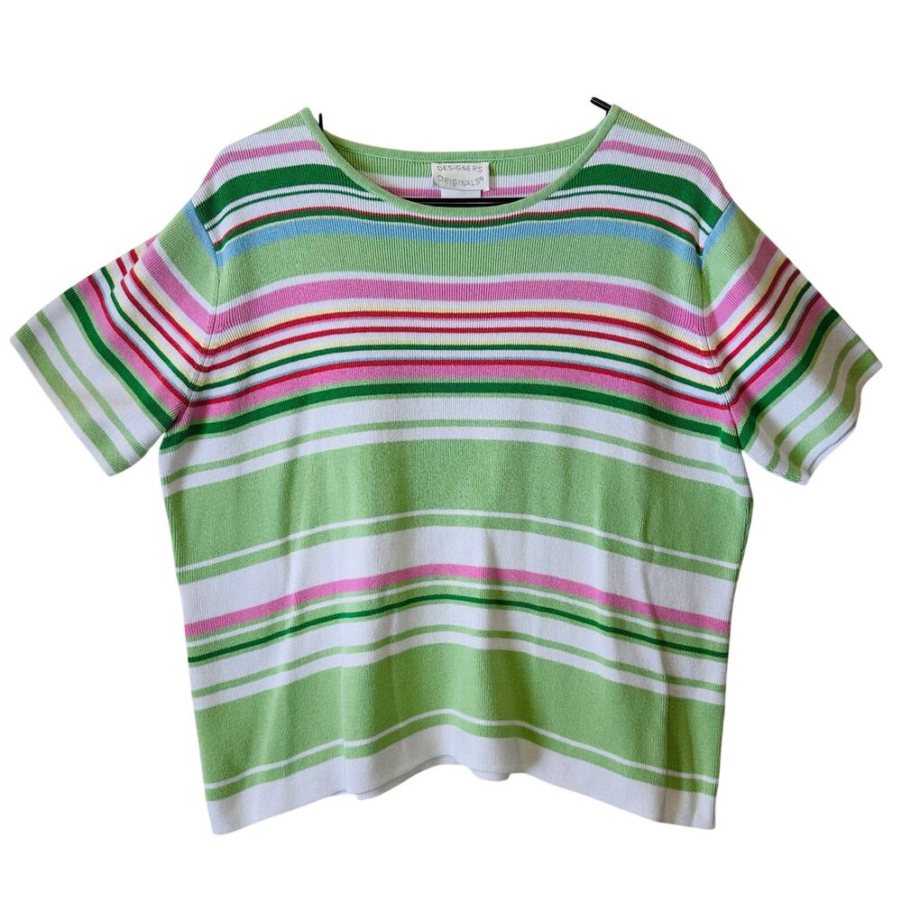 Designers Originals Vintage Cotton Striped Green Pink Short Sleeve Sweater XL